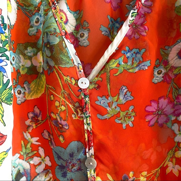 Anthropologie Fig & Flower Red Ivory Blue Floral Sheer Boho Blouse Top V Neck S - Picture 3 of 7